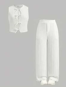 Firerie Kids Bộ đồ 2 món cho bé gái tuổi teen, màu vàng nhăn, chất liệu vải sần, gồm áo vest và quần, kiểu dáng thường ngày dễ thương, thời trang, đa năng, thích hợp cho đi chơi, chụp ảnh cùng chị em, công viên, cắm trại, mặc hàng ngày, dự tiệc, nghỉ lễ. - trắng - Xem 10
