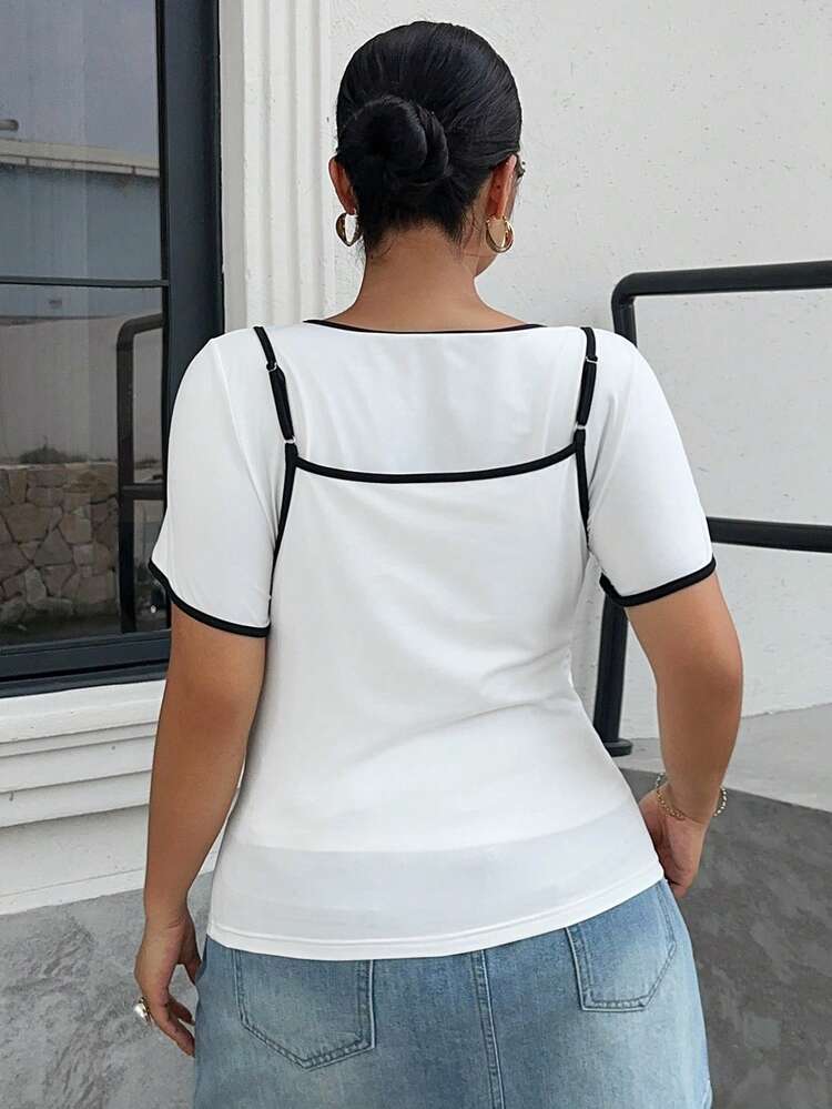 Dazy Plus 2pcs/Set Tight Fit Short Sleeve White T-Shirt & Camisole Layered Cropped Plus Size Women Outfit, Spring/Summer