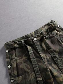 Manfinity Denimwave Quần short denim họa tiết rằn ri có thắt lưng vát thường ngày dành cho nam - xanh quân đội - Xem 5