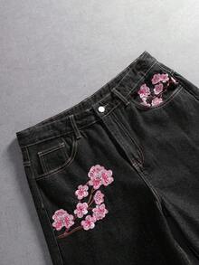 Manfinity Denimwave Vintage Versatile Niche Design Floral Embroidery Loose Wide Leg Casual Denim Shorts, Suitable For Summer - Black - View 5