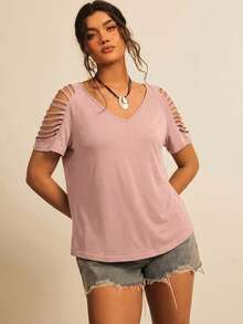 Freevana Plus Size Women V-Neck Raglan Sleeve Ripped Casual T-Shirt - Dusty Pink - View 3
