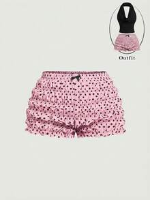 SHEIN MOD 大码女式百搭波点夏季休闲黑白波点蝴蝶结泡泡短裤，秋冬新年造型，西部风，可爱短裤，黑色荷叶边短裤，波点短裤 - 粉色 - 查看 8