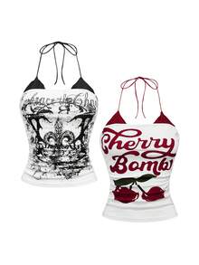ROMWE Set de 2 tops Tank de estilo bodycón con estampado de cereza vintage americano y estampado de vid punk con contraste de encaje en el cuello halter - Multicolor - Ver 1