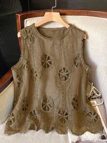 Lacomfia Áo camisole nữ cỡ lớn, thanh lịch, tối giản, cổ tròn, khoét lỗ, họa tiết hoa. - Cà phê nâu - Xem 6