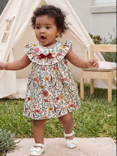 Cozy Pixies Vestido de niña con bloqueo de color, lazo, estampado floral, cuello redondo, sin mangas y con cintura ajustable