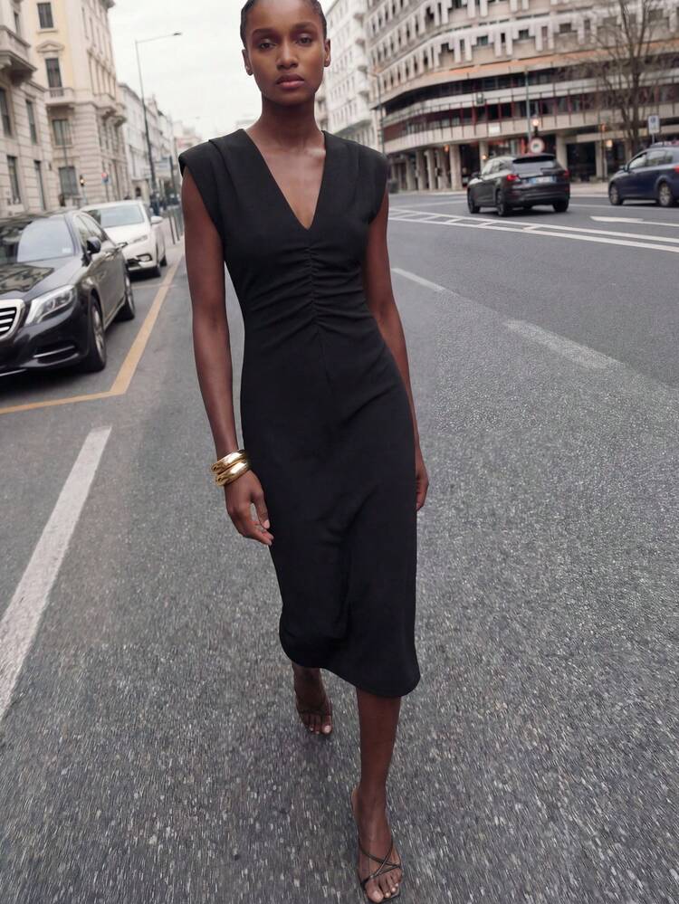 SHEIN Maija Black V-Neck Wide Shoulder Pad Pleated Front Design Women's Dress, Elegant For Carnival, Valentine's Day, Party, School, Music Festival, Formal Social, Urban Commute, Office, Daily, Romantic, Casual 90s Retro, New Year, Spring Break, Holiday, Birthday, Beach, Graduation, Fashion, Minimalist, Suitable For Wedding Guest, Host, Date, Gathering, Concert, Stage Performance, Brunch, Tea Party, Airport, Summer Vacation