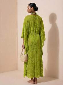 New Women's Elegant Hollow-Out Lace Maxi Cover Up Dress, Suitable For Beach, Pool Party, Vacation. Available In Military Green, Robe Style Cover Up Summer - Army Green - View 2