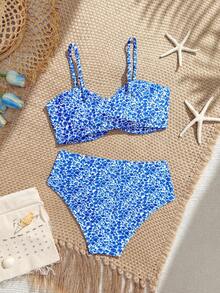 SHEIN Blue Ditsy Floral Fresh Vacation Style Twist Knot 2 Pieces Set, Suitable For Summer Beach Holiday, Swimming Pool Party - Blue - View 2
