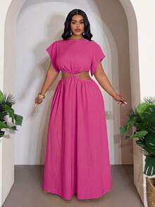 Veslaya Plus Size Women's Blush Pink Summer Formal Holiday Vacation A-Line Dress,Crinkle Waist Cutout Round Neck Short Sleeve Party Elegant Banquet Holiday - Hot Pink - View 3