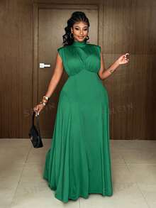 Maweii Plus Size Elegant Solid Color Dress With Stand Collar, Summer - Green - View 7