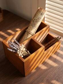 Cirelle 1Pc Tiered Wooden Desktop Storage Box, Solid Wood Construction With Vintage Finish, Multi-Use For Pens, Cosmetics & Small Gadgets, Perfect For Home, Office And Bedroom Organization, Decorative Organizer - Multicolor - View 5