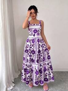 SHEIN Elenzya 大码女式紫色碎花方领收腰修身A字连衣裙，蝴蝶结系带露背休闲中长连衣裙，适合日常、通勤、度假、春夏穿着。 - 紫色 - 查看 7