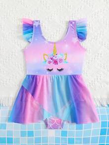 SHEIN Playful Pals 小女孩卡通印花荷叶边渐变连体泳衣 - 彩色 - 查看 6