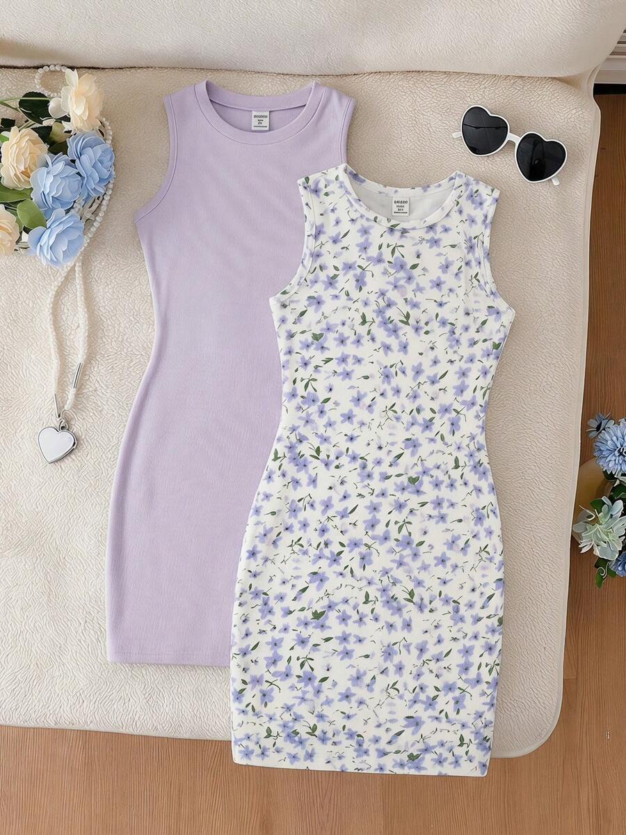 2件装女童紫色和蓝色碎花无袖休闲修身连衣裙，夏季 - 紫色 - 查看 1