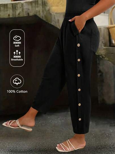 Linhara CURVE Pantalones casuales de lino con abertura lateral y decoración de botones de coco para mujer de talla grande