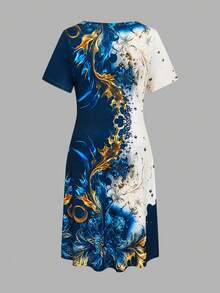 EMERY ROSE Round Neck Short Sleeve Plus Size Dress, Suitable For Spring, Summer, Autumn - Multicolor - View 2