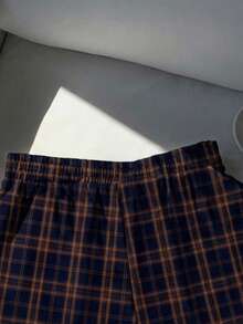 SHEIN Comfortcana 女士休闲中腰复古撞色格纹印花宽松短裤，适合外出、街头风和居家穿着 - 彩色 - 查看 6