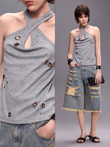 ROMWE Avant Deconstructed Punk Eyelet Perforated Halter Tank Top - Grey - View 1