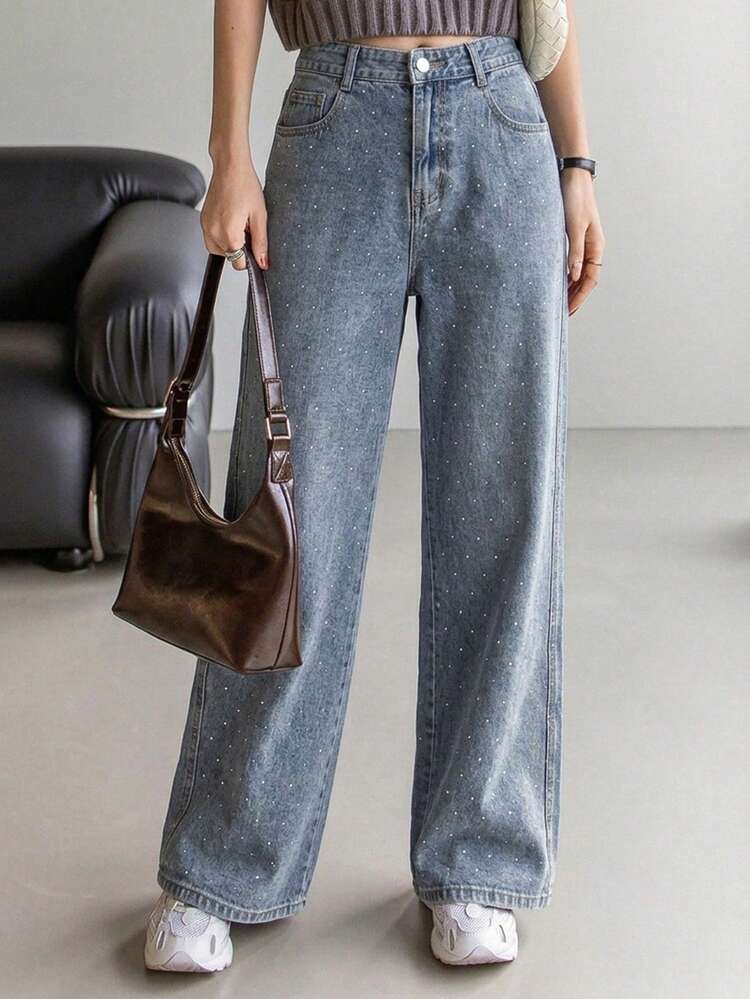 Women's Loose Fit Rhinestone Embellished Print Denim Jeans Summer