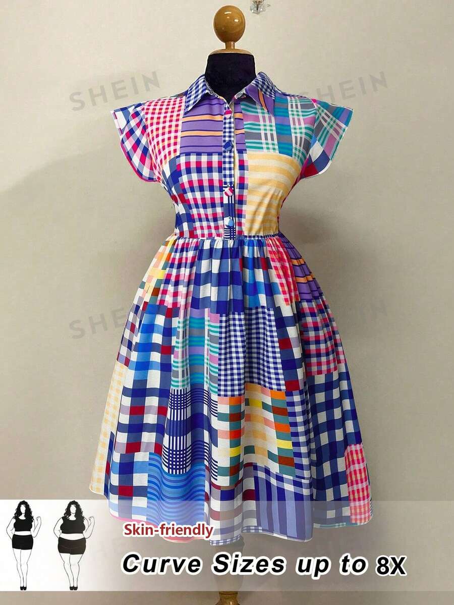 SHEIN CURVE+ Plus Size Women Plaid Cap Sleeve Button Front Casual Dress - Multicolor - View 1