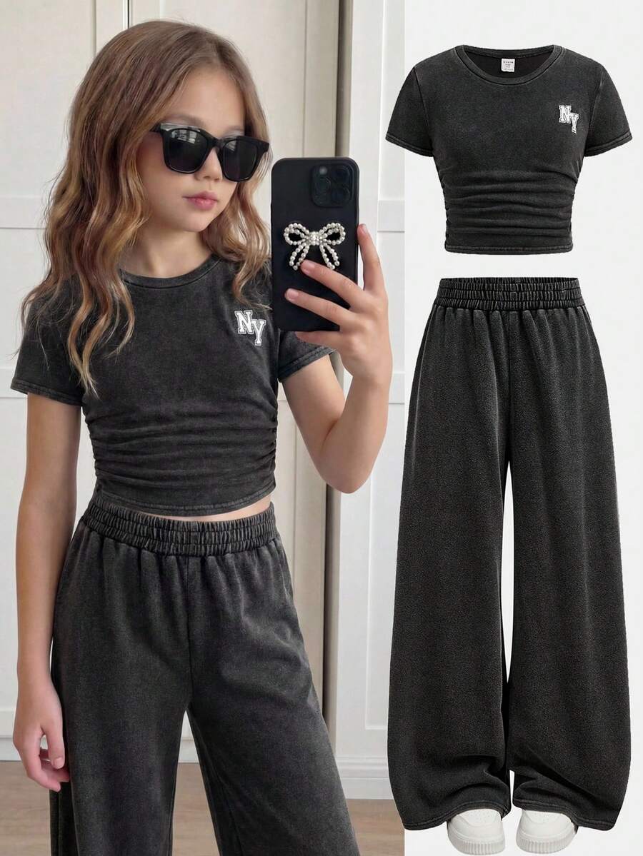 Girlism Conjunto de 2 piezas para niñas preadolescentes, camiseta de manga corta ajustada con bordado de letras emparejada con pantalones de punto de pierna ancha suelta - Negro - Ver 1