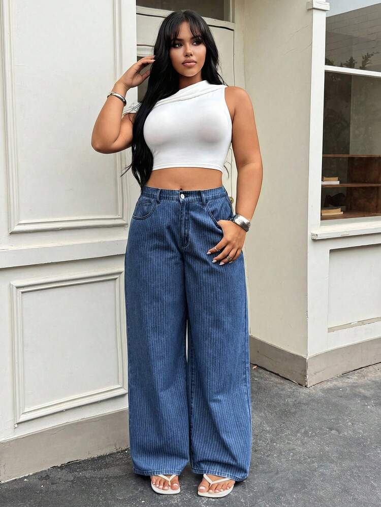 Dazy Plus Striped Textured Loose Casual Street Style Western Cowgirl Clothing, Plus Size Women Long Jeans, All Season