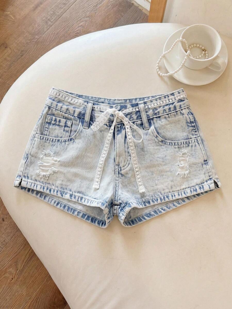Rivivi Shorts vaqueros con cinturón de encaje lavado de moda casual - Lavado ligero - Ver 1