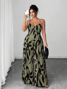 Elenzga Bộ jumpsuit nữ cỡ lớn thanh lịch in hoa, dây đeo có thể điều chỉnh, eo thắt, thích hợp cho đầu mùa xuân. - Màu xanh lá cây đậm - Xem 4