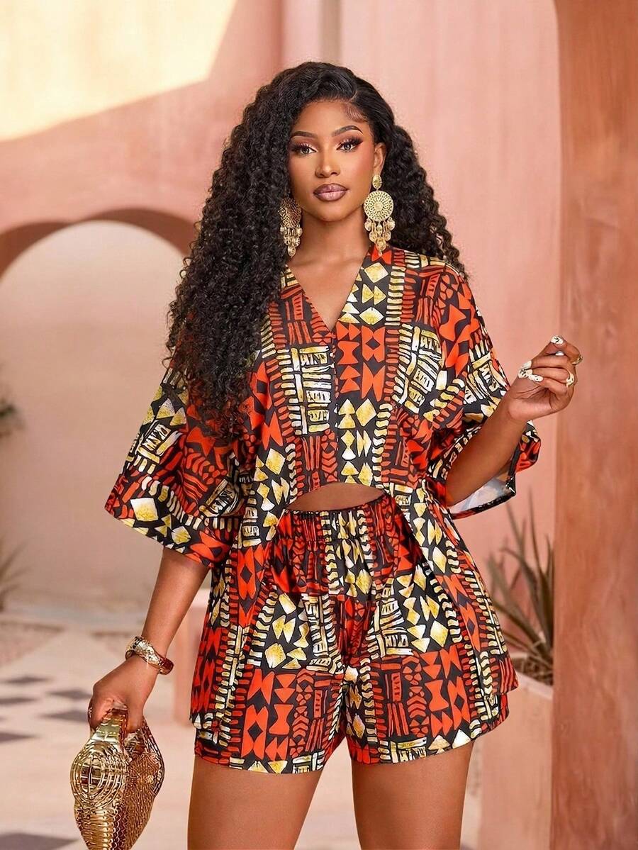 Brilight Women's Tropical Elegant Random Print Loose Asymmetrical Arc Hem Shirt + Shorts Set - South African Traditional Attire - Ladies Two Pieces Set. Suitable For Daily Casual Wear, Vacation, And Other Occasions. Lazy And Comfortable. Women Dress 2 Piece Set African Dresses For Women African Print For Women Two Piece Set For Ladies Latest Outfit For Women - Orange - View 1
