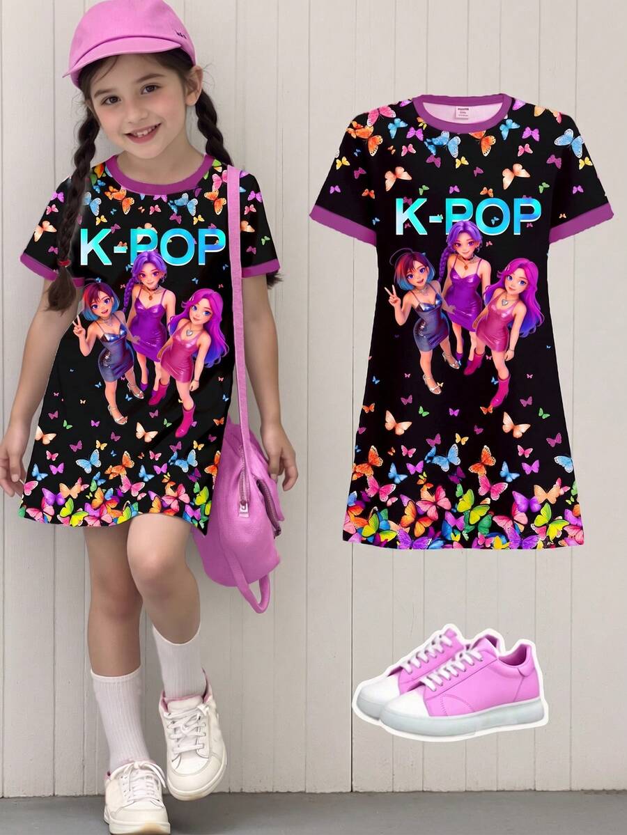 少女黑色夏季開學季休閒K-POP女團字母與蝴蝶印花短袖T恤洋裝,時尚創意個性化穿搭 - 彩色 - 查看 1