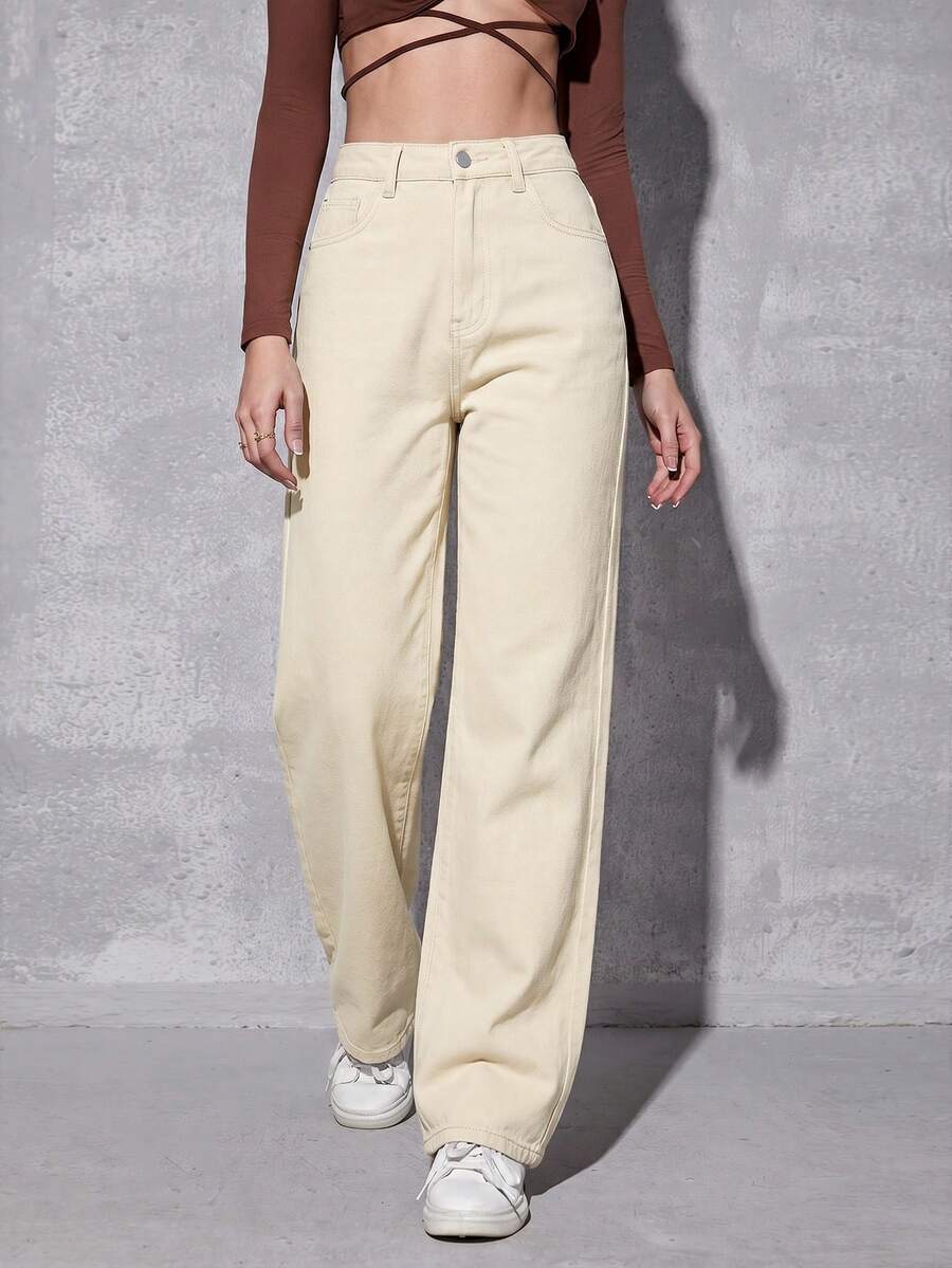 SHEIN EZwear 女士时尚百搭纯色口袋拉链休闲牛仔裤 - 杏色 - 查看 1