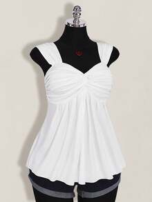 SHEIN ICON 大码女式黑色扭结前襟无袖娃娃衫针织上衣，Y2K风格返校夏季可爱上衣 - 白色 - 查看 7