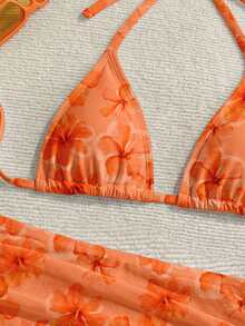 SHEIN WYWH Bộ bikini hai mảnh kiểu yếm cho nữ, họa tiết hoa màu cam, thích hợp cho kỳ nghỉ. - Nhiều màu - Xem 4