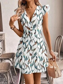 SHEIN Frenchy Đầm chữ A cổ chữ V tay ngắn cài cúc, họa tiết hoa vintage, thích hợp cho kỳ nghỉ biển, lễ hội âm nhạc, tiệc cưới, phong cách thanh lịch. - Nhiều màu - Xem 3