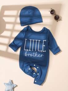 SHEIN Set de 2 piezas Conjunto de ropa para fotografía de recién nacido niño. Incluye body con bordado de "Little Brother" para salida del hospital y regalo de baby shower para bebé de 1 a 3 meses. Accesorios para sesión de fotos de bebé. - Azul - Ver 2