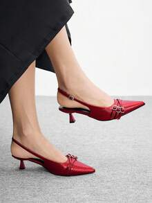 CUCCOO BIZCHIC Women's Pointed Toe Sexy Back Strap Buckle Low Vamp Spring Shoes Commuter Versatile Kitten Heel Stiletto Women's Shoes PU Glossy - Crimson - View 2