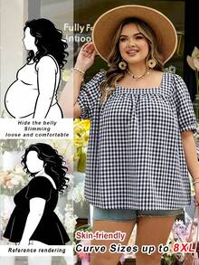 SHEIN CURVE+ Curve 尺码 US22 音乐节、海滨度假、波西米亚风女士休闲方领格纹泡泡袖衬衫 - 黑與白 - 查看 7