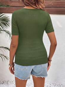 SHEIN Maternity Solid Color Round Neck Short Sleeve Nursing Top - Army Green - View 2