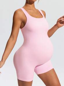 SHEIN 孕妇纯色吊带背心和短裤套装 - 粉色 - 查看 8