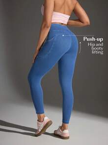 Flexra Quần jegging thể thao dáng ôm dài 7/8, cạp cao, co giãn, chất liệu dệt kim. - Màu xanh lam - Xem 2