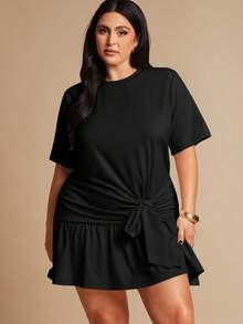 SHEIN BAE Gaun Pendek Lengan Pendek dengan Ikat Pinggang Warna Aprikot untuk Wanita Ukuran Besar - Hitam - View 1