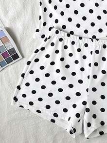 SHEIN Teen Girls 2-Piece Polka Dot Halter Top And Super Short Shorts Set, Pink Color Leisure Vacation Textured Outfit Suitable For Summer, Home, Teenage - White - View 5