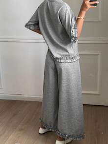 DAZY Setelan Santai Wanita 2 Potong Atasan Berenda Warna Polos dan Celana Panjang Lebar - Light Grey - View 2