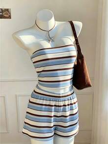 SHEIN Comfortcana Bộ đồ nữ kẻ sọc gồm áo quây và quần short, kiểu dáng thường ngày. - Nhiều màu - Xem 3