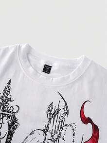 ROMWE MEN Camiseta casual de manga corta y cuello redondo con estampado de personaje de anime para hombres - Blanco - Ver 3