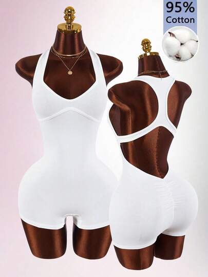 Amplova Bộ jumpsuit cổ yếm tối giản màu trơn dành cho nữ, thích hợp mặc hàng ngày.