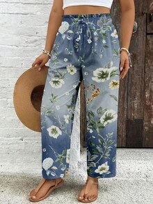 SHEIN VCAY Quần dài mùa hè cỡ lớn in hoa, cạp chun. - Nhiều màu - Xem 4