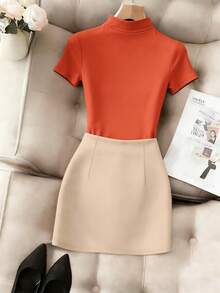 Conjunto casual de dos piezas para mujer, estilo francés, elegante, de color sólido, con blusa de manga larga y cuello redondo y falda plisada - Naranja - Ver 4