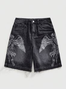 ROMWE MEN 男士水洗印花牛仔休闲阔腿短裤 - 黑色 - 查看 1