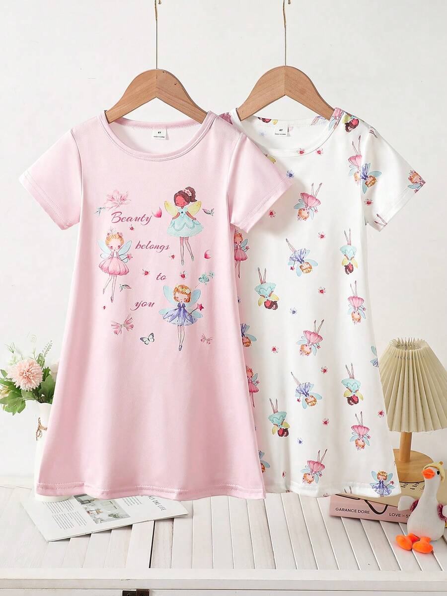Genkimix Kids 两件套女童时尚休闲夏季家居服,短袖圆领长款睡裙,粉白卡通可爱花仙子图案印花,采用柔软针织面料,轻盈亲肤,舒适透气,是现代年轻女孩的理想睡衣之选。 - 白色 - 查看 1